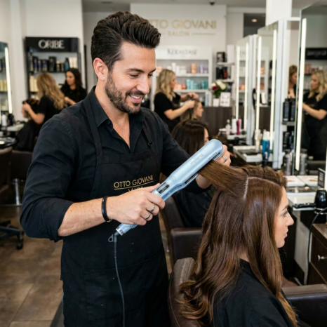Hairstylist curling a woman's long brown hair with a heated brush in a salon.