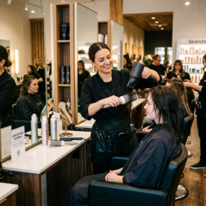 Hairstylist blow drying wet hair of a seated client in a salon